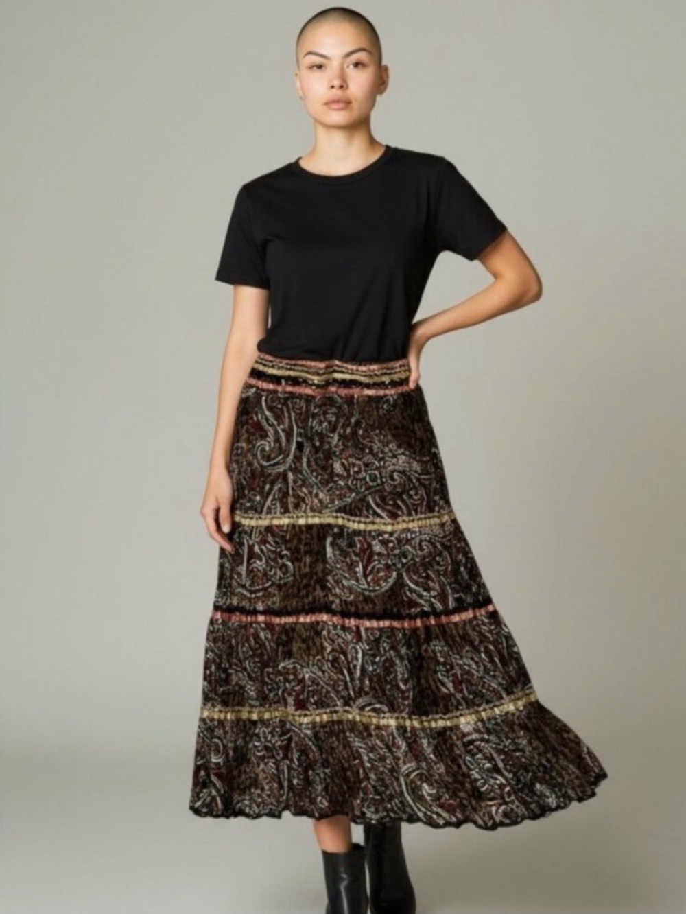 Chaudry RC Sport Tiered Paisley Maxi Skirt in Dark Multi